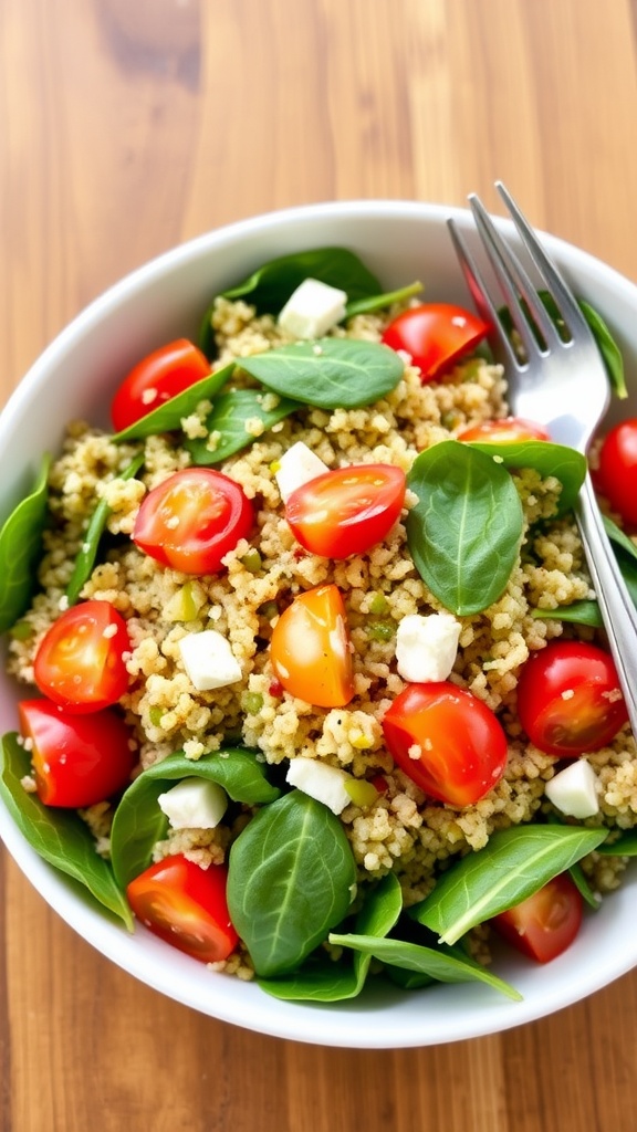 A colorful quinoa salad with spinach, cherry tomatoes, and feta cheese on a wooden table.
